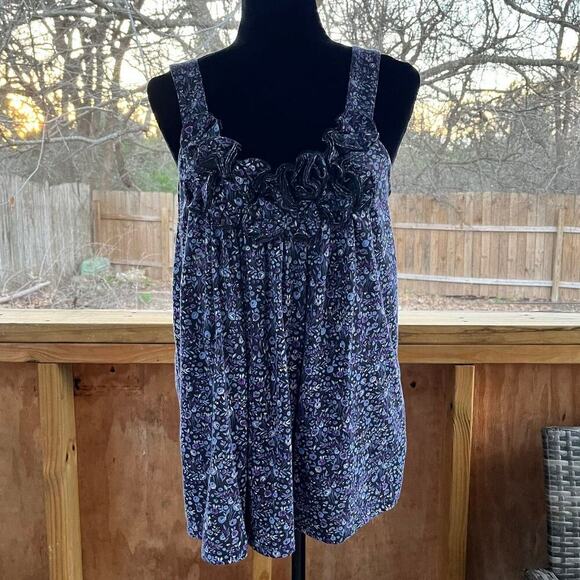 Express Women's Blue Floral Ruffle Neck Top Size L. NEW - Picture 1 of 11